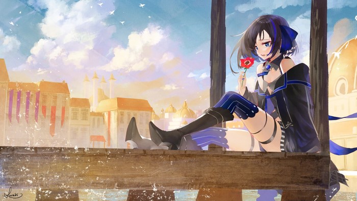 Anime girl with black hair and blue eyes holding a flower