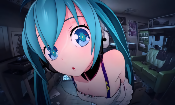 Hatsune Miku from Vocaloid in a room