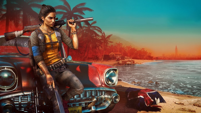 Dani Rojas with a rifle by a car in Far Cry 6