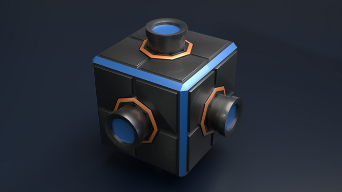 3D abstract cube with blue and copper accents