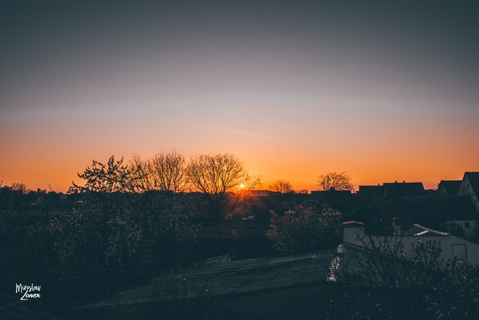 Sunrise over Serbian village with trees and houses