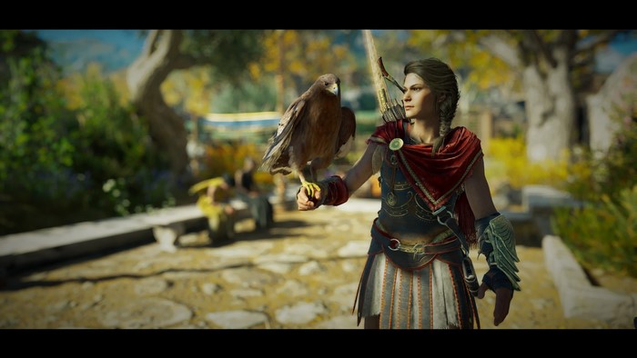 Kassandra with a hawk from Assassin's Creed: Odyssey