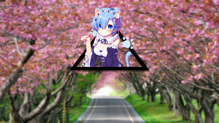 Rem from Re:Zero in a cherry blossom tunnel