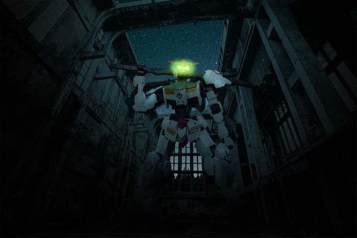 Gundam robot in abandoned building under starry sky