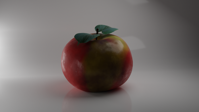 A realistic 3D render of an apple with leaves