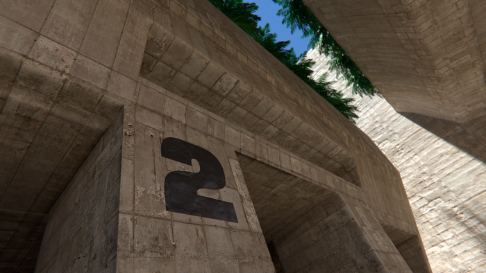 Brutalist concrete building with number 2