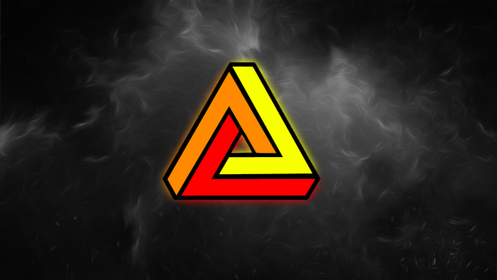 Penrose triangle with red, orange, and yellow colors on a dark background
