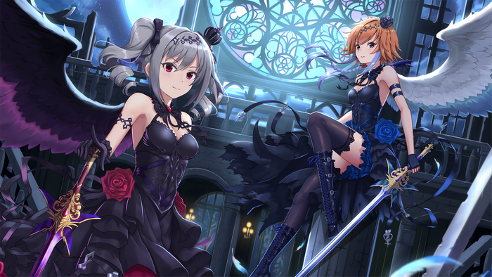 Two anime girls with swords and wings