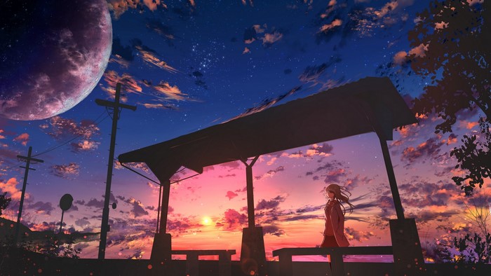 Anime girl at bus stop during sunset with large moon