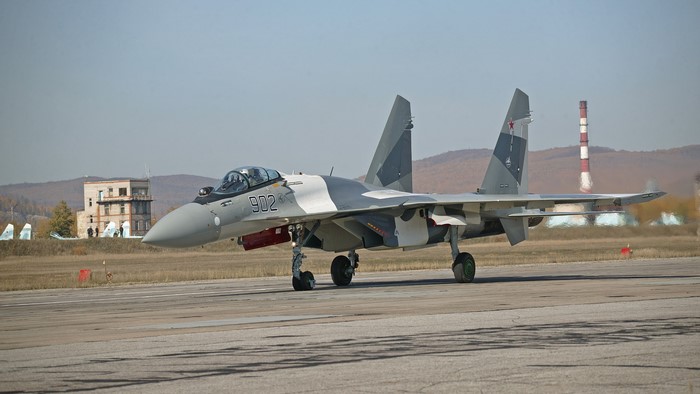 Sukhoi Su-35 fighter jet on a runway in Russia