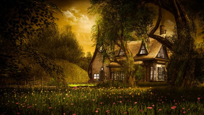 Fantasy house in a forest with flowers and clouds