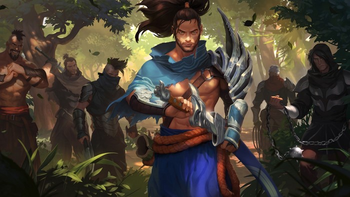 Yasuo and warriors from League of Legends in a forest