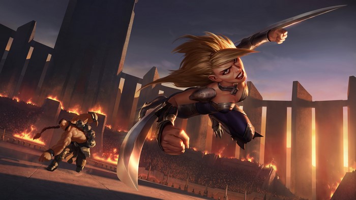 Katarina and Garen from League of Legends in a Colosseum