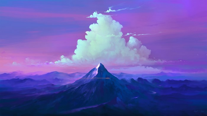 Digital art of mountains and clouds at sunset