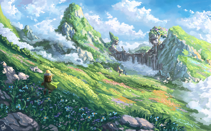 A traveler walks through a flower-filled mountain landscape