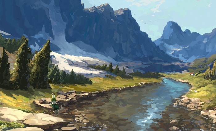 Fantasy landscape with a woman by a river and mountains