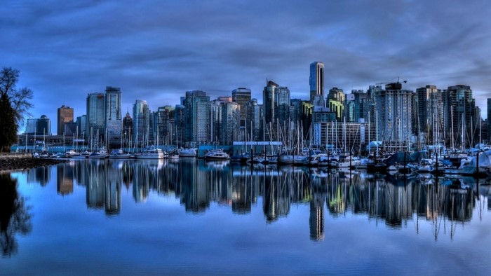 Vancouver skyline with boats in harbor