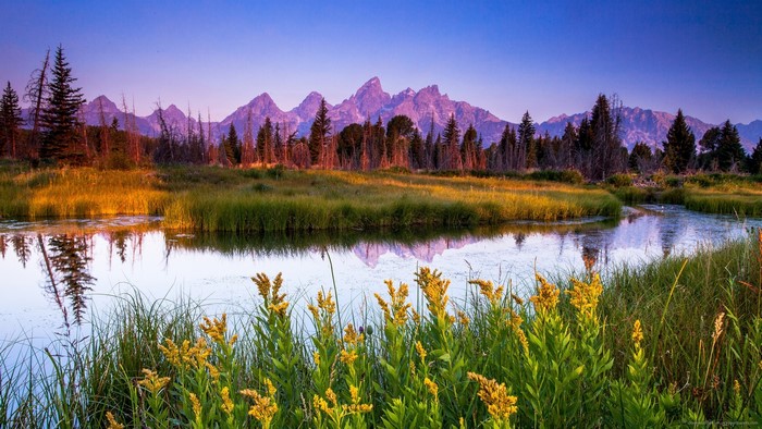 Grand Teton Mountains reflected in a calm river at sunrise