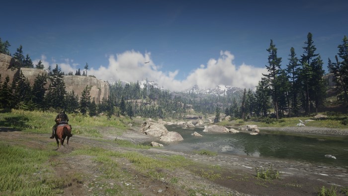 video game art, nature, Red Dead Redemption 2, river, horse, screen ...