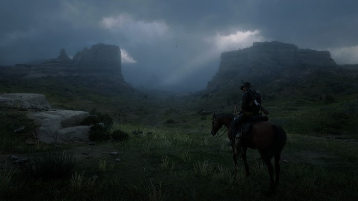 Cowboy on horseback in Red Dead Redemption 2 landscape