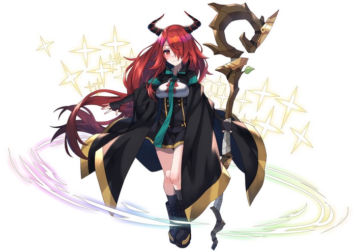 Anime girl with red hair and horns holding a staff