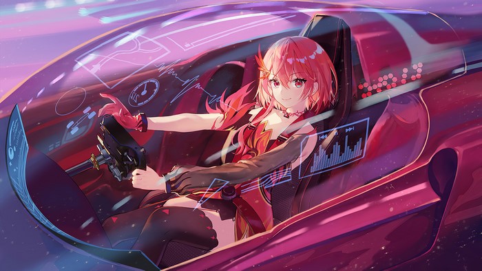 Anime girl with pink hair driving a futuristic race car