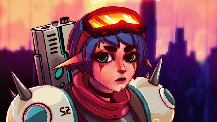Sci Fi Woman Warrior with Blue Hair and Green Eyes