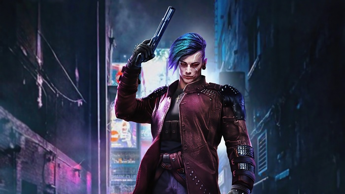 Sci Fi Cyborg Man with Blue Hair Holding a Gun