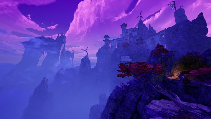 Borderlands 3 screenshot with purple sky and mountains