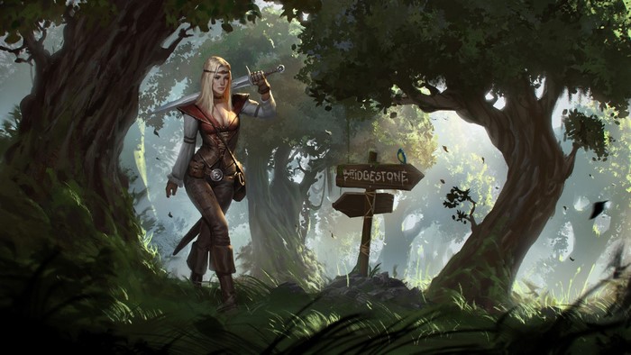 Fantasy girl with sword in a forest