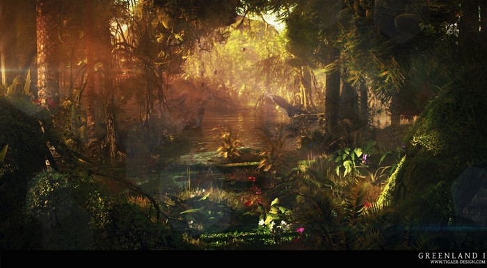 Fantasy forest with a stream and sunlight