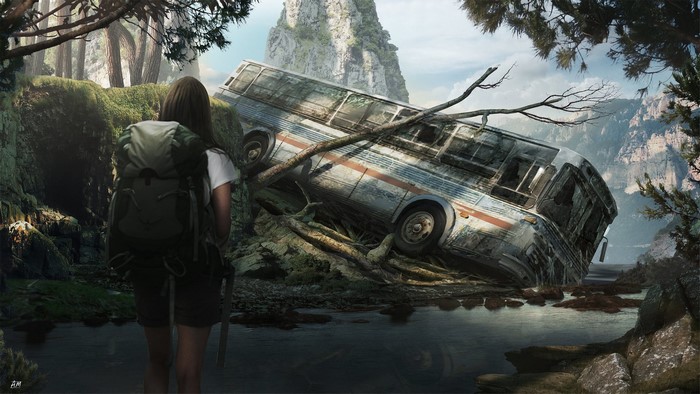 Woman with backpack near crashed bus in overgrown landscape
