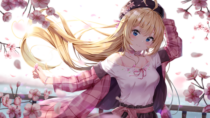 Anime girl with blonde hair and blue eyes in cherry blossoms