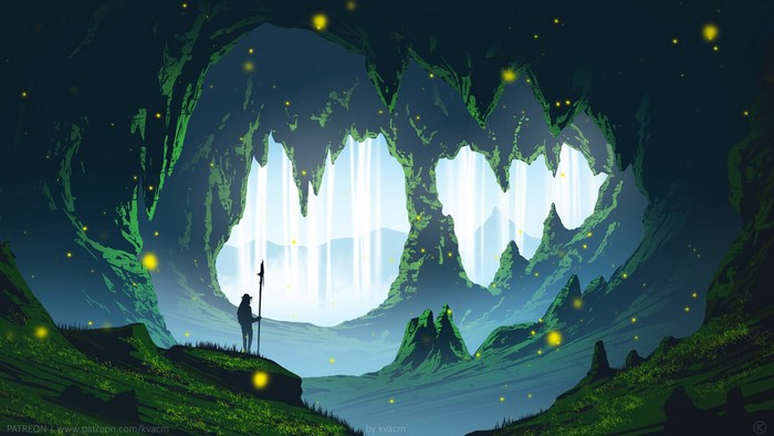 Fantasy cave with waterfalls and a lone figure