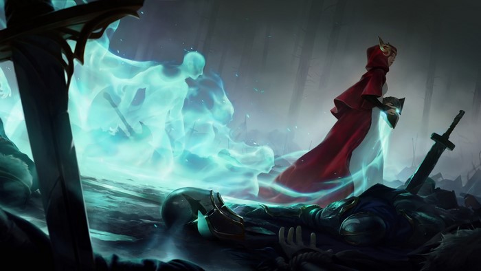 Spirits and a figure in red from Legends of Runeterra
