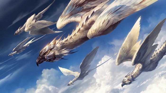 Fantasy creatures flying in the sky