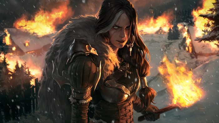 Fantasy girl with torch in burning village, Legends of Runeterra