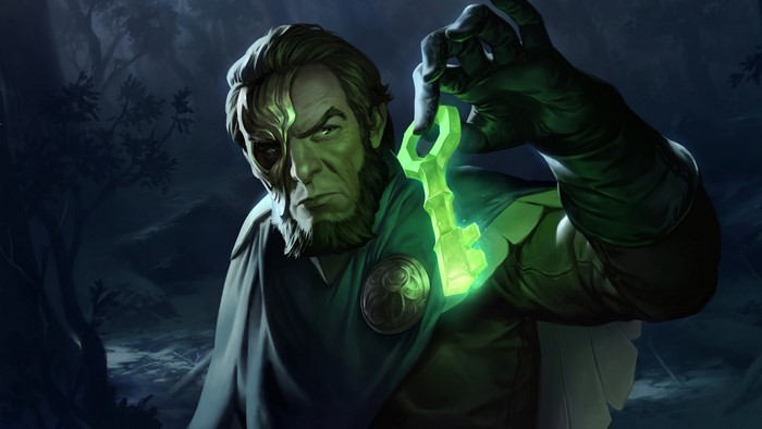 Man holding a glowing green key from League of Legends