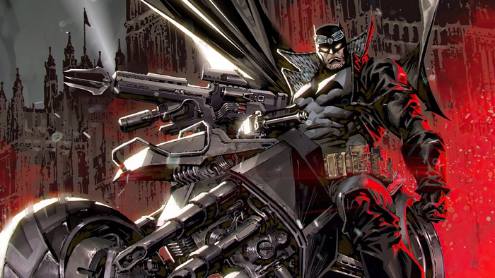 Batman on a Motorcycle with a Large Weapon