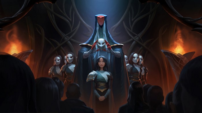 Masked figures and a woman in a dark chamber