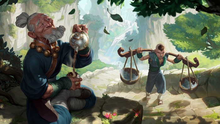 Elderly man pouring tea for a young boy from Legends of Runeterra