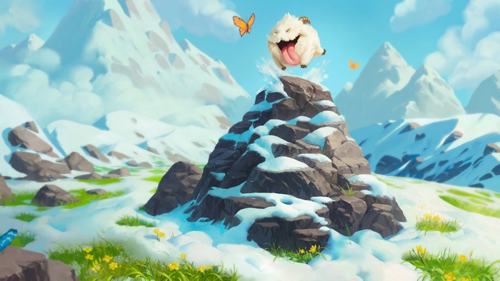 Poro jumping on a snowy mountain in League of Legends