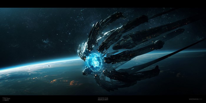 Spaceship with glowing blue energy orb above planet