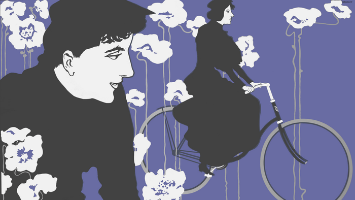 Artwork of women with bicycles and flowers