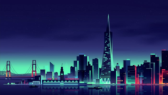 San Francisco cityscape at night with bridge and skyscrapers