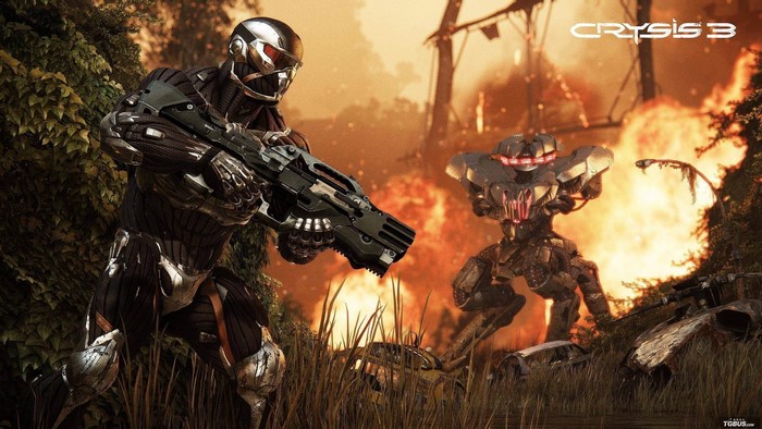 Crysis 3 soldier and alien robot in fire
