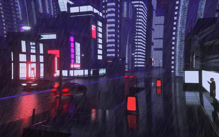 Rainy cyberpunk cityscape with cars and a person