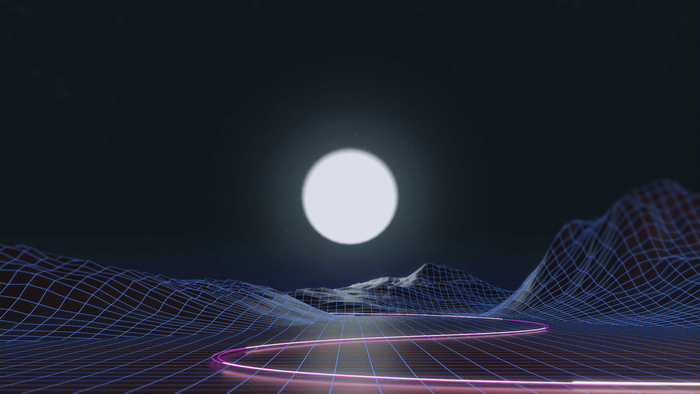 Retro Grid Landscape with Moon and Neon Road