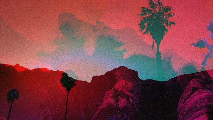 Vaporwave landscape with palm trees and rocks