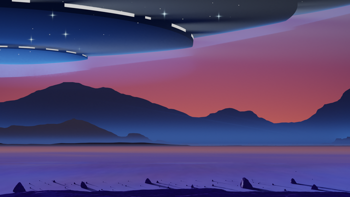 Alien UFOs over a desert landscape at sunset